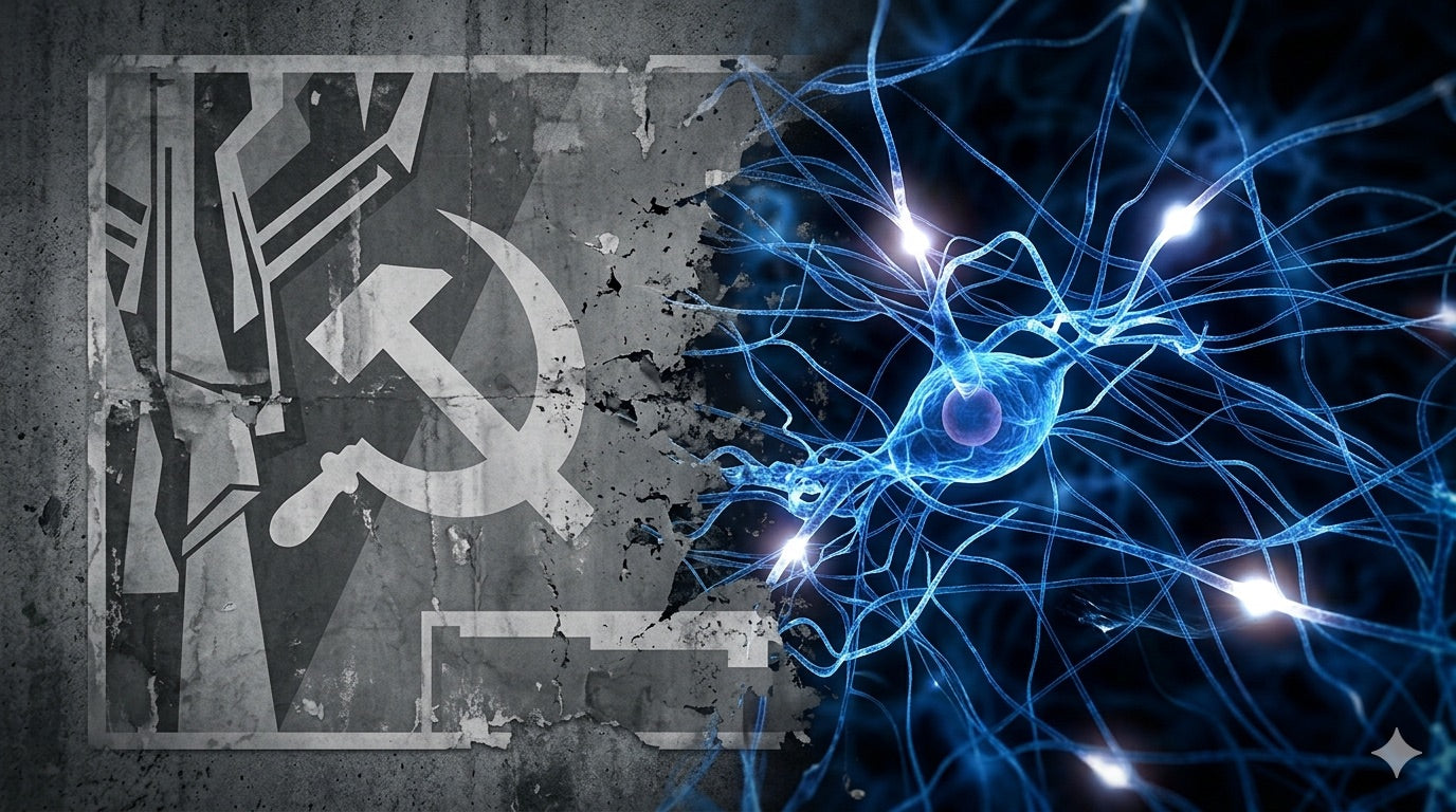 La hoz y el martillo comunista y un cerebro haciendo conexiones entre neuronas