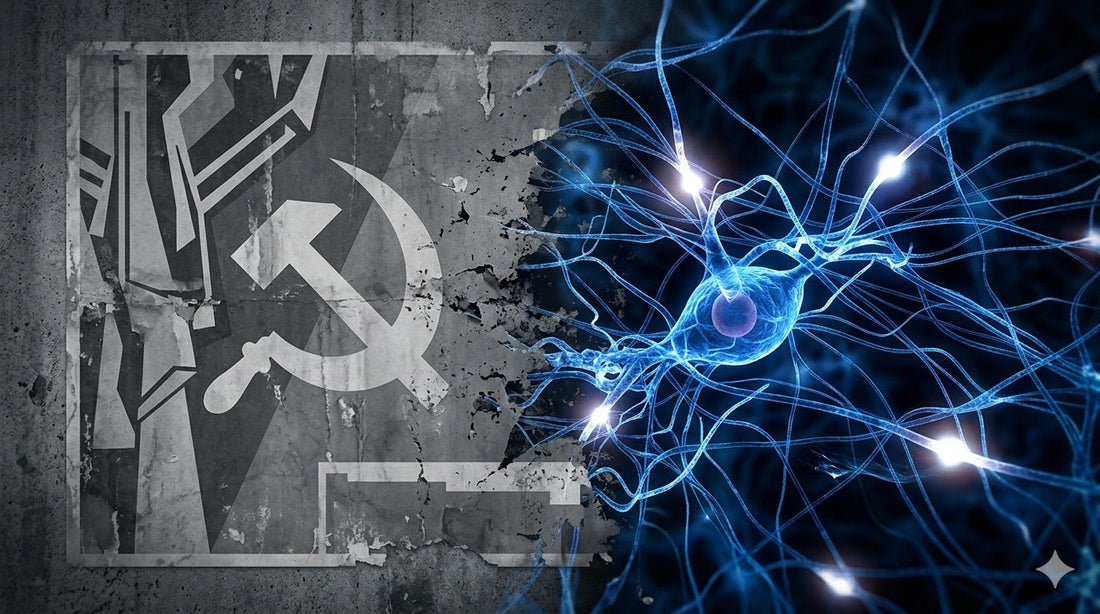 La hoz y el martillo comunista y un cerebro haciendo conexiones entre neuronas