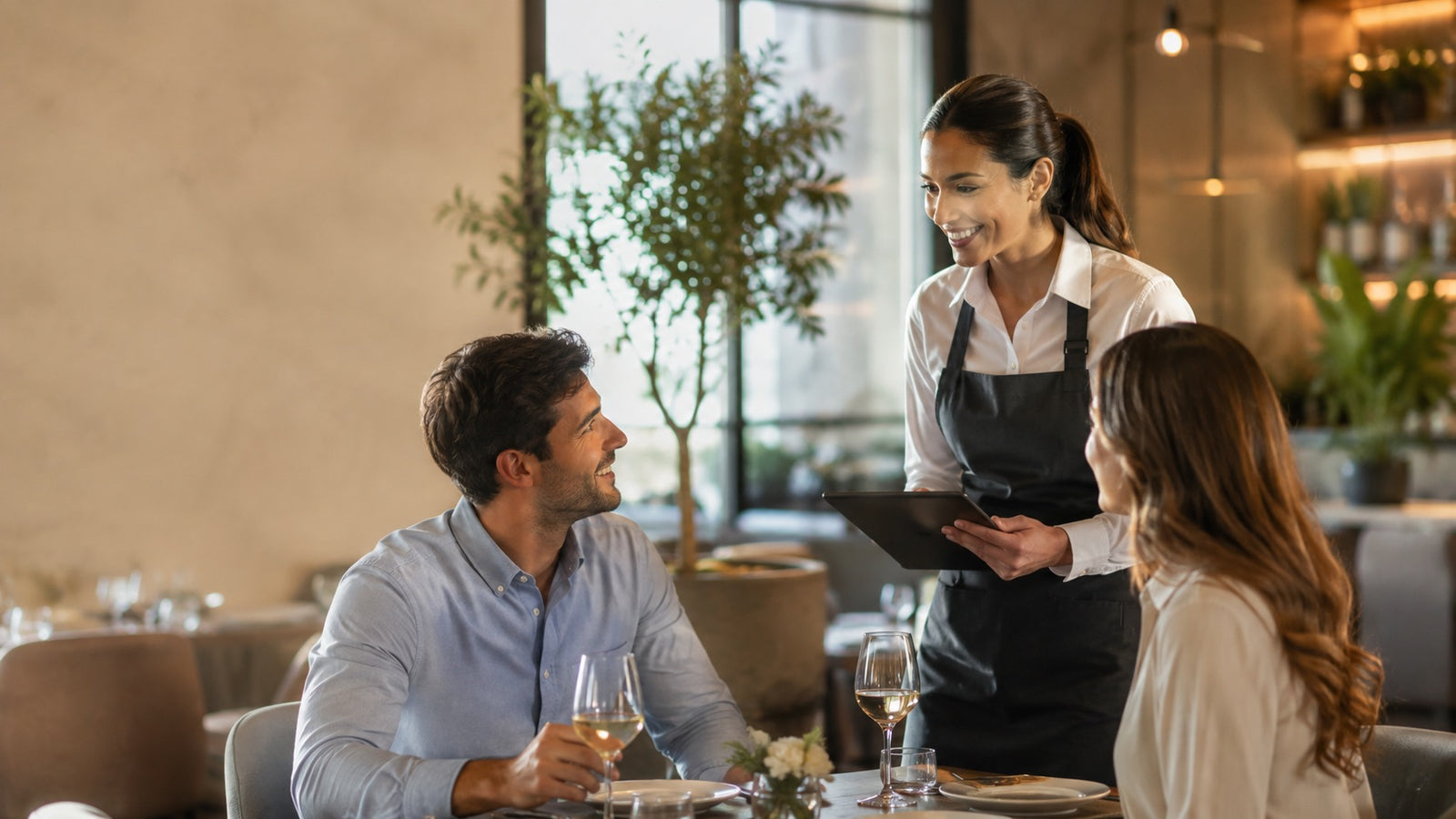 Equipo de hostelería atendiendo a clientes en un restaurante