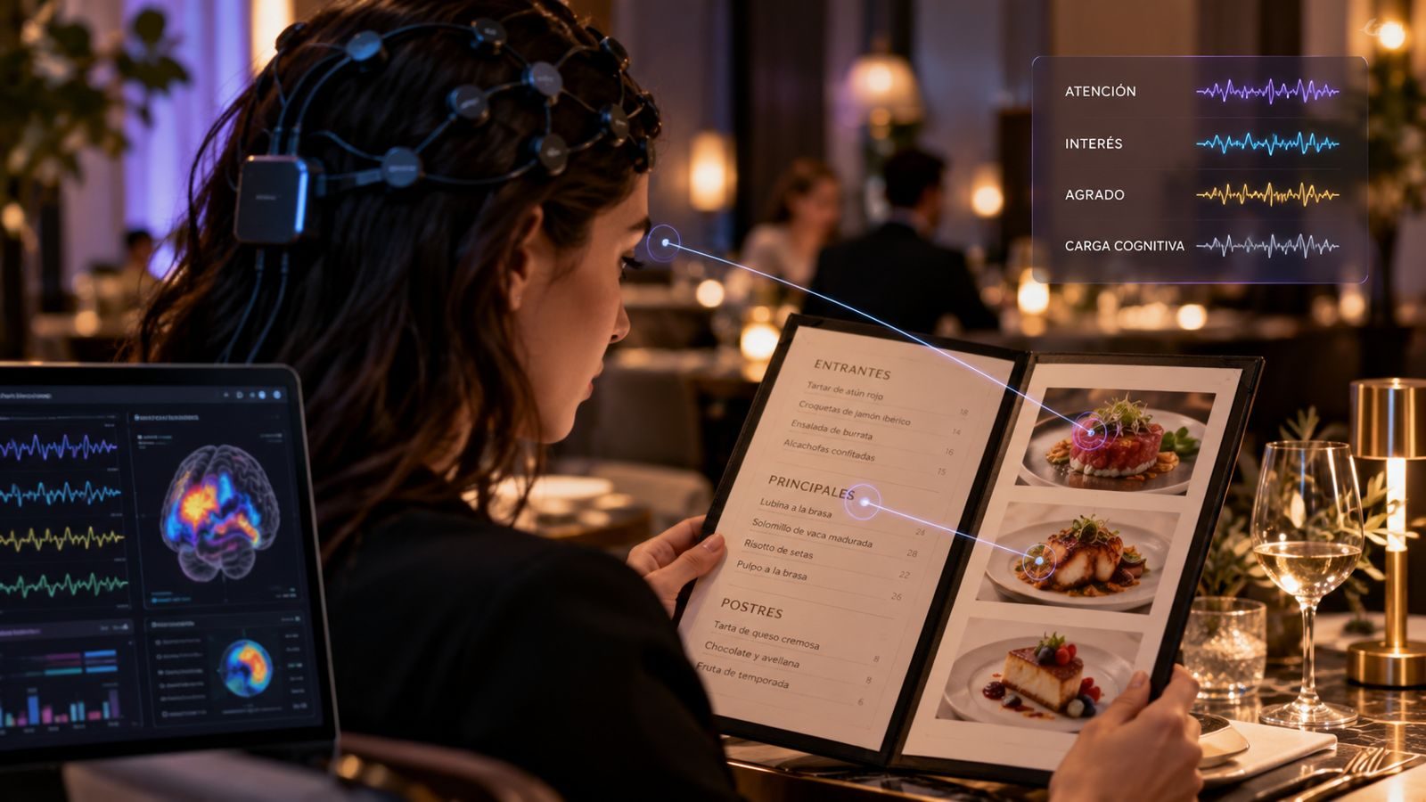 Clienta con casco EEG leyendo la carta en un restaurante mientras se registran su atención, interés, agrado y carga cognitiva